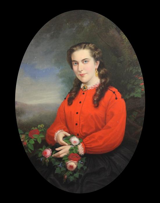 Johannes Louis Wensel (German, 1825-1899) Portrait of a young woman holding a bunch of roses 41 x 31in.